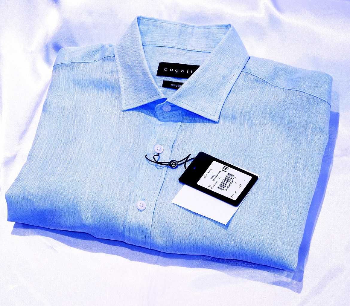 Bugatti koszula L 41/42 długi lniana button-down błękitna niebieska th