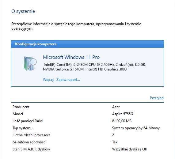 Acer Aspire 5755G , I5 , 8/320GB , 15.6"  Win 11 Pro - Okazja