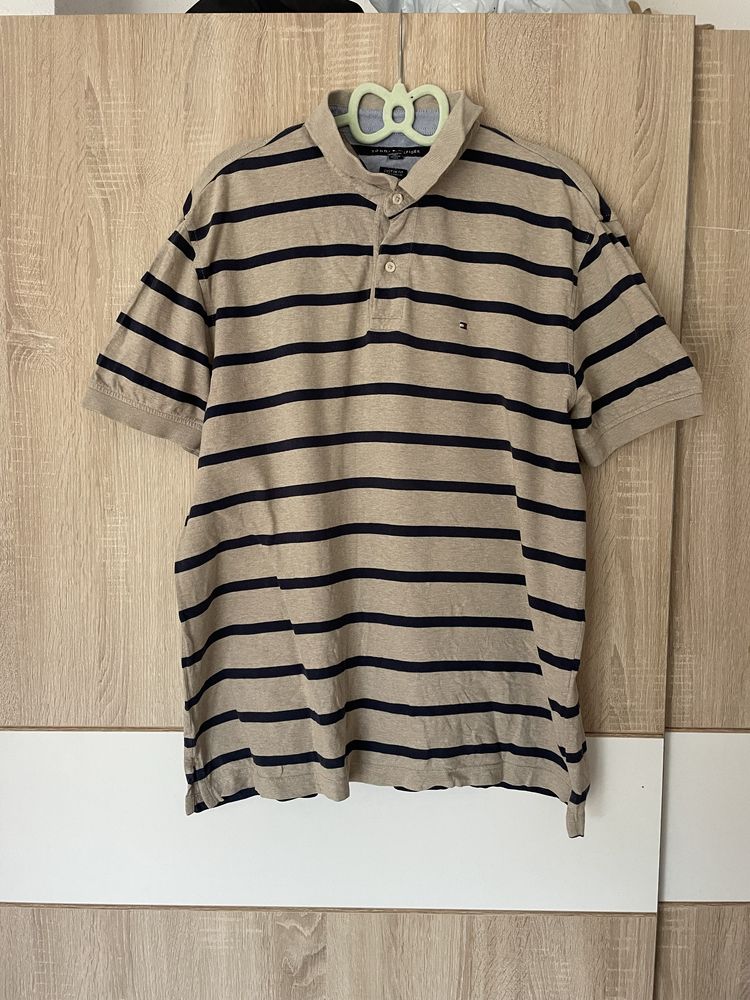 Koszulka Polo Tommy Hilfiger XL custom fit paski beżowa plus size