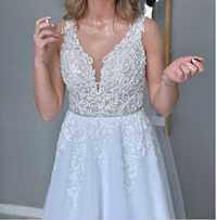 Koronkowa błyszcząca suknia ślubna 165cm+10cm obcas (welon gratis)