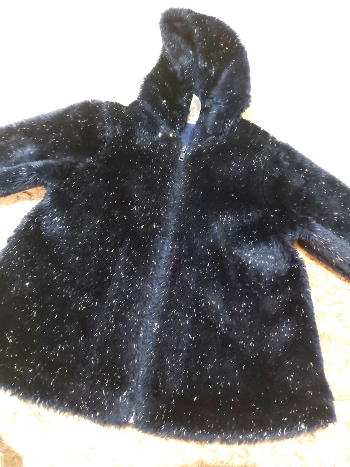 Granatowe futerko kurtka płaszczyk z kapturem srebrnymi nitkami