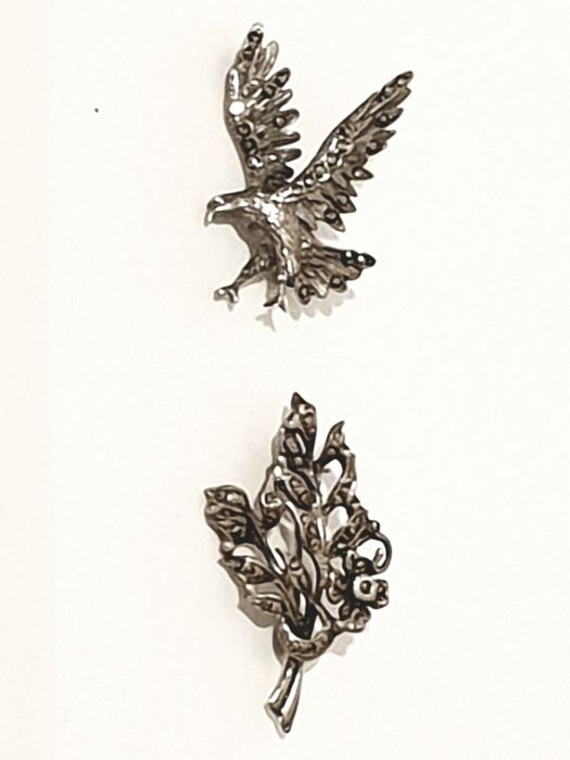Pregadeiras vintage em prata portuguesa com marcasites - águia e flor