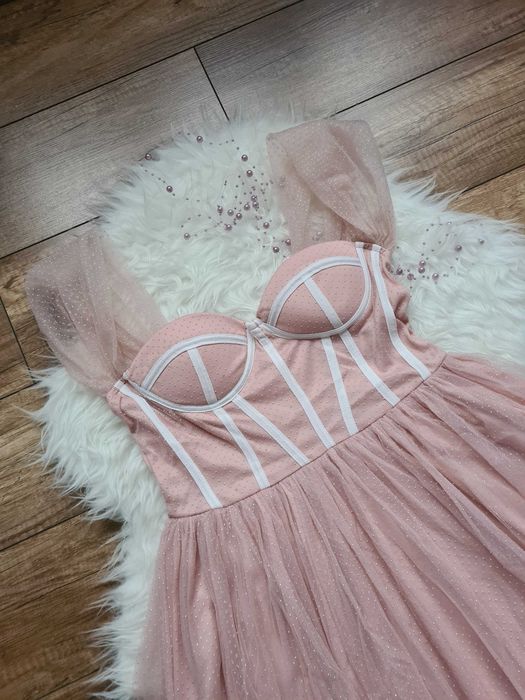 XA44 sukienka rozkloszowana z tiulem M księżniczka pudrowy róż balowa