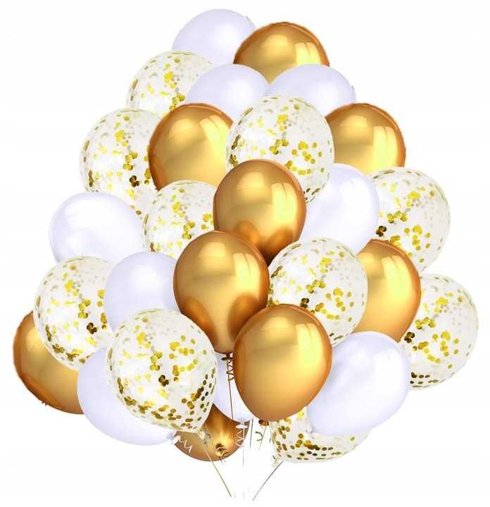 Balony lateksowe Mendelson z konfetti 30 sztuk 30 cm złoto-białe