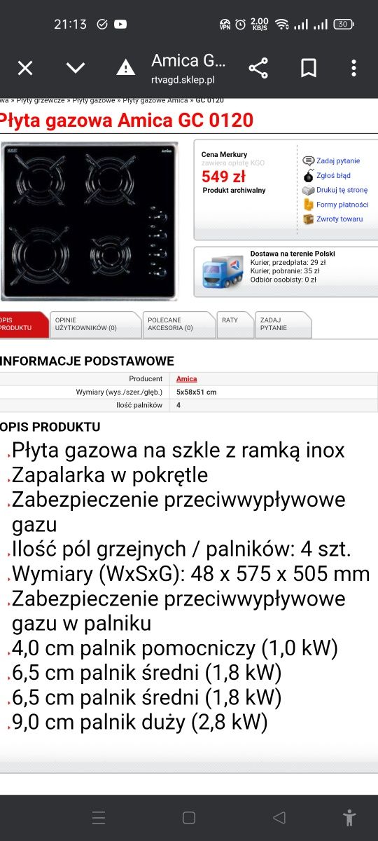 płyta gazowa Amica 4 palniki i wężyk gazowy w zestawie,