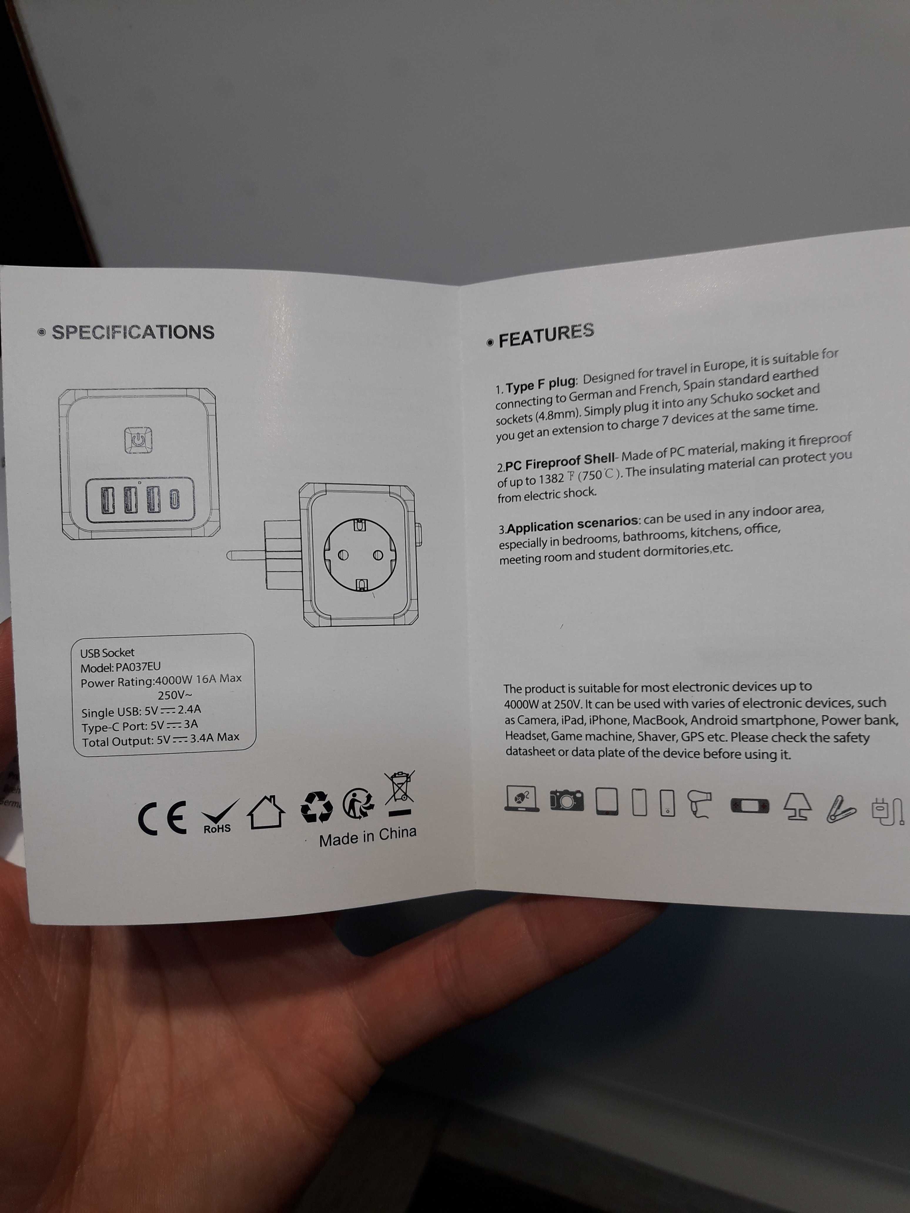 Розетка-тройник LENCENT, 3 usb-порта и 1 Type C, зарядное устройство