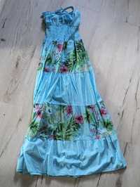 Sukienka niebieska bawełna kwiaty długa M 38 boho letnia