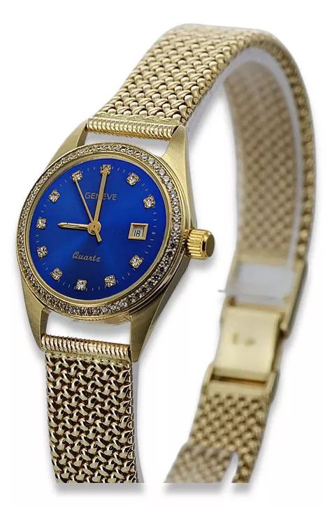 Złoty 14k 585 zegarek damski lw078ydblz&lbw003y niebieska tarcza Wr