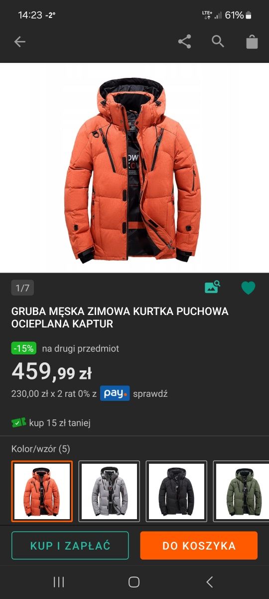 Puchowa zimowa męska kurtka narty deska góry