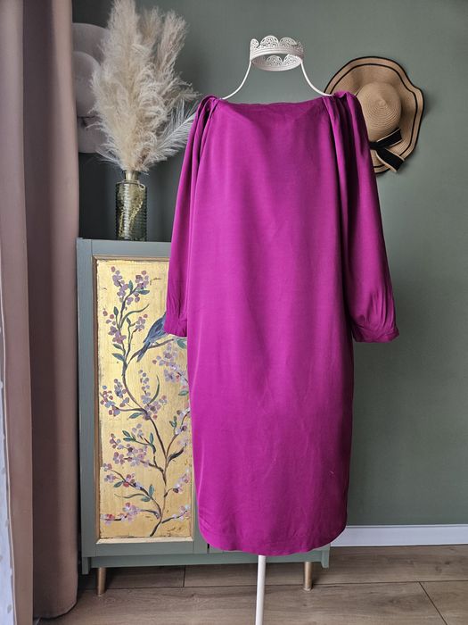 Massimo Dutti Elegancka Sukienka Fuksja 100% Wiskoza 3/4 Rękaw XS