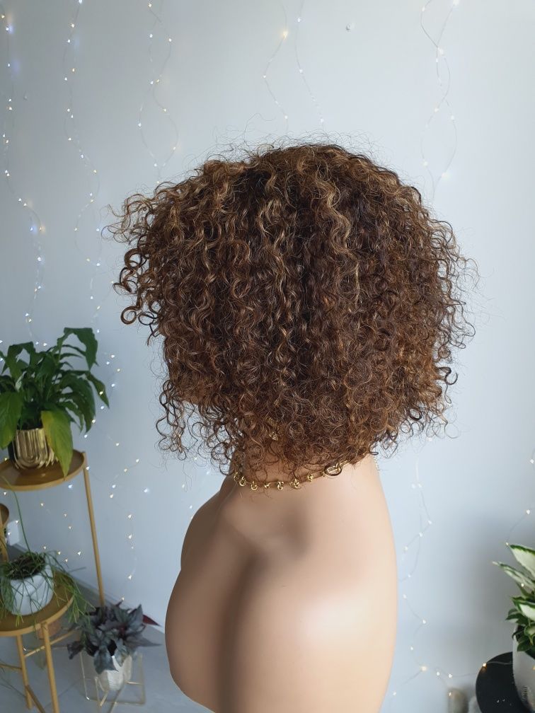 Peruka z włosów naturalnych loki loczki afroloki brąz z refleksami