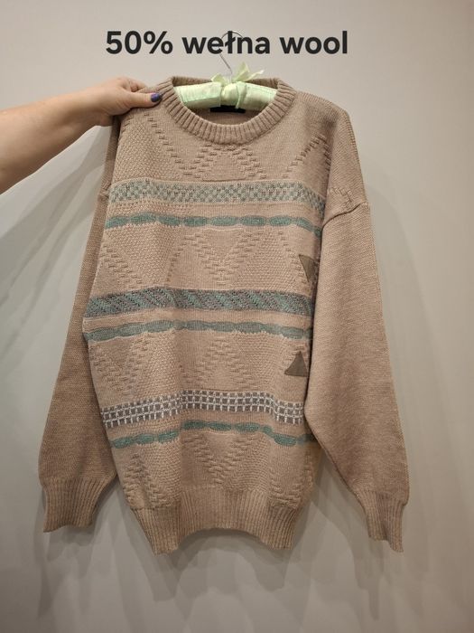 Sweter beżowo szary męski 54 włoski wełna vintage y2k
