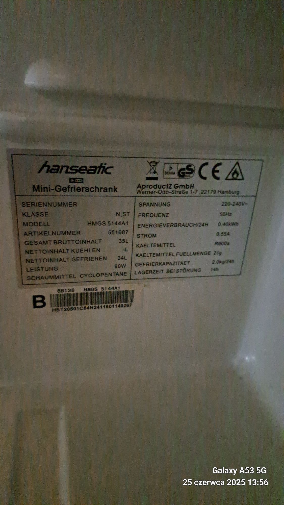 Mini zamrazarka Hanseatic, model HMGS 5144A1