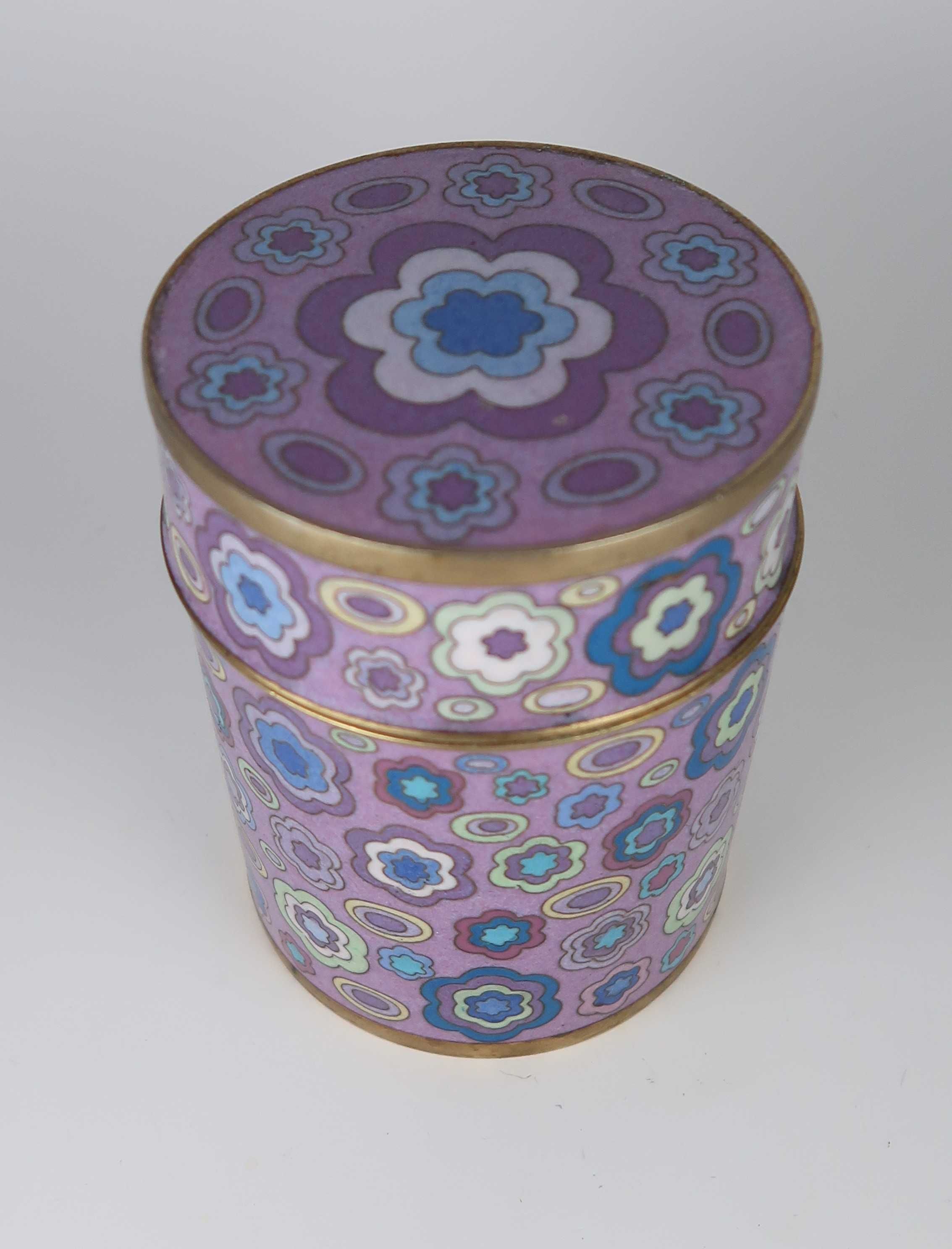 Caixa cilíndrica de chá em cloisonné (estilo Fabienne Jouvin)