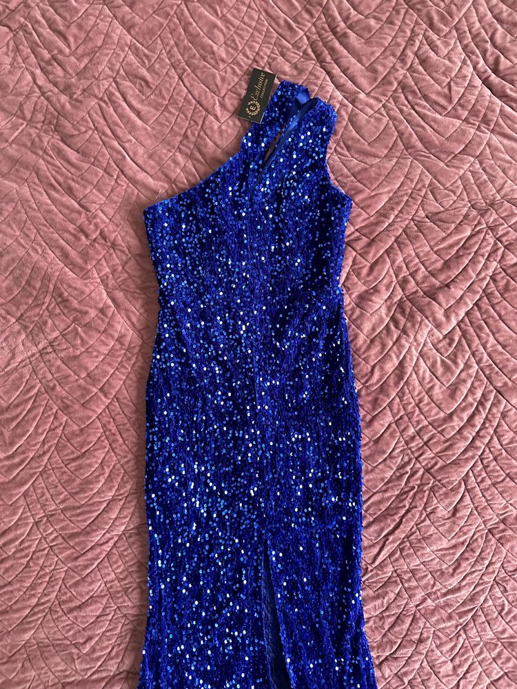 Nowa sukienka maxi długa cekiny niebieska kobalt L 40 rozporek