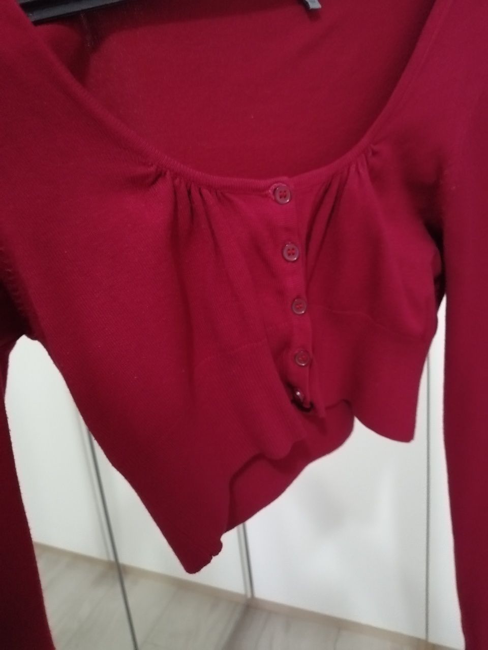 Bolerko krótki sweterek narzutka L bordowy czerwony