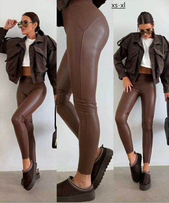 Brązowe Legginsy Eko Skóra Lekko Ocieplane Push Up