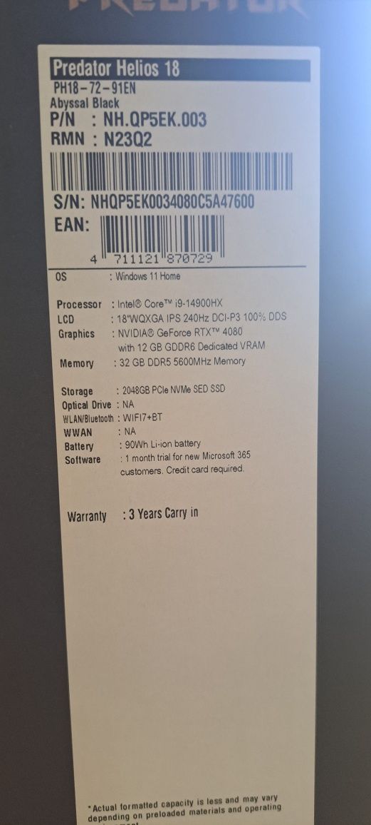 Laptop Gamingowy Predator Helios 18 RTX 4080 12GB, 32GB RAM, 2TB SSD