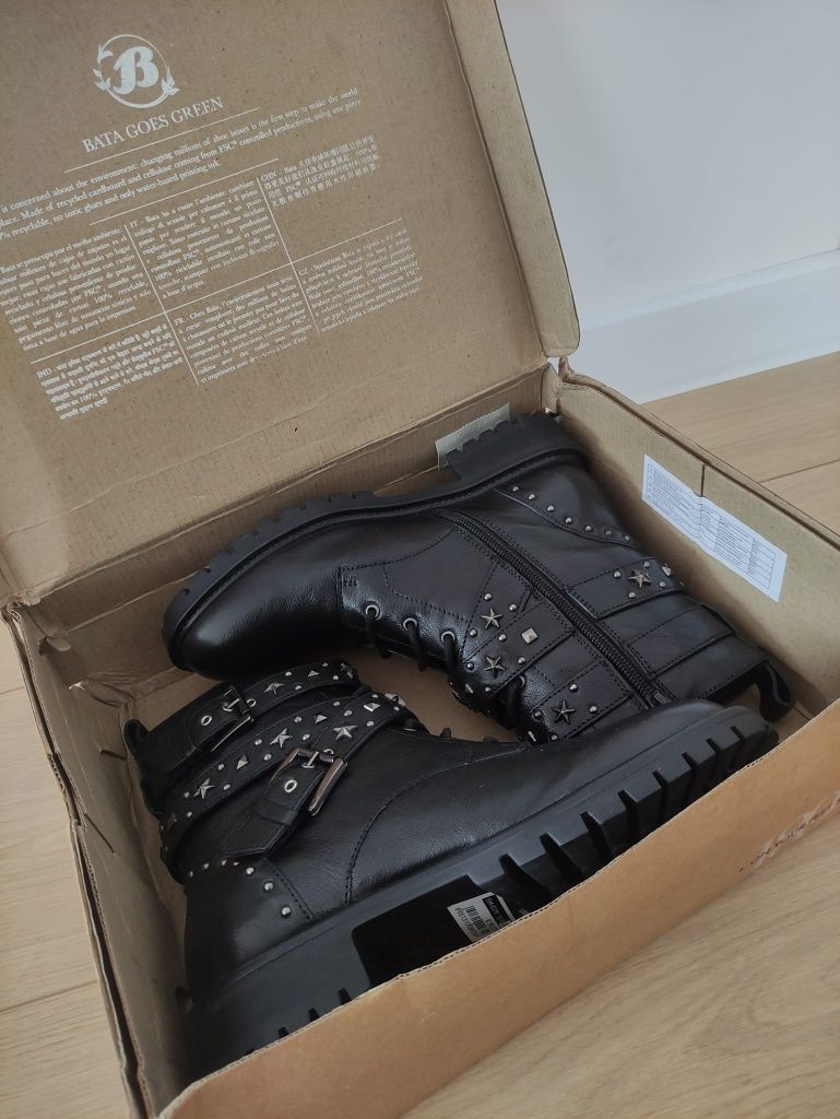 Bata Skórzane Botki Damskie 37 Czarne Nowe