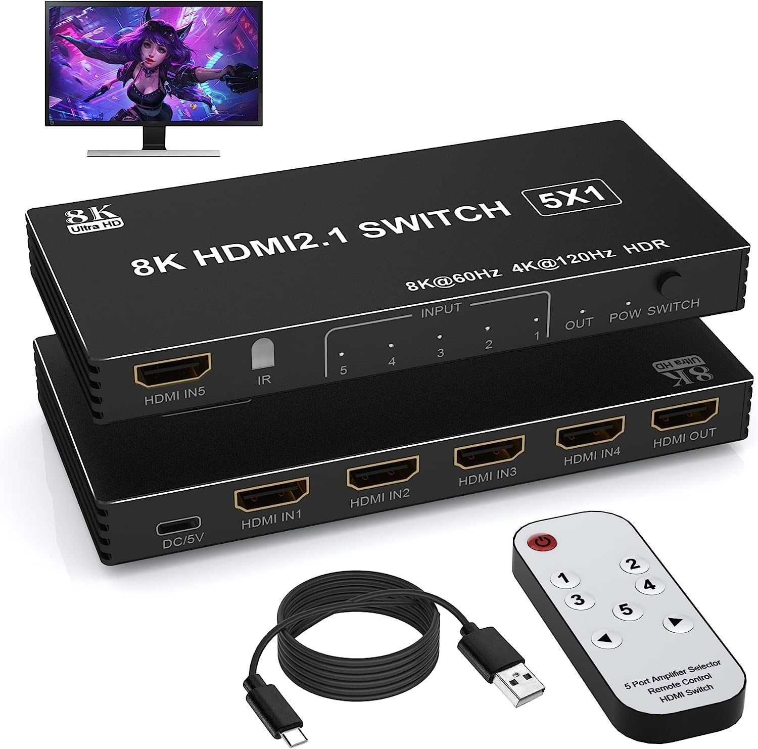 Przełącznik HDMI 8K, wyjście 5 w 1, HDMI 2.1 8K 60Hz/4K 120Hz