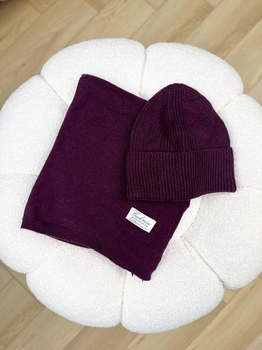 Śliwkowy komplet czapka i szalik kaszmir welna Cashmere