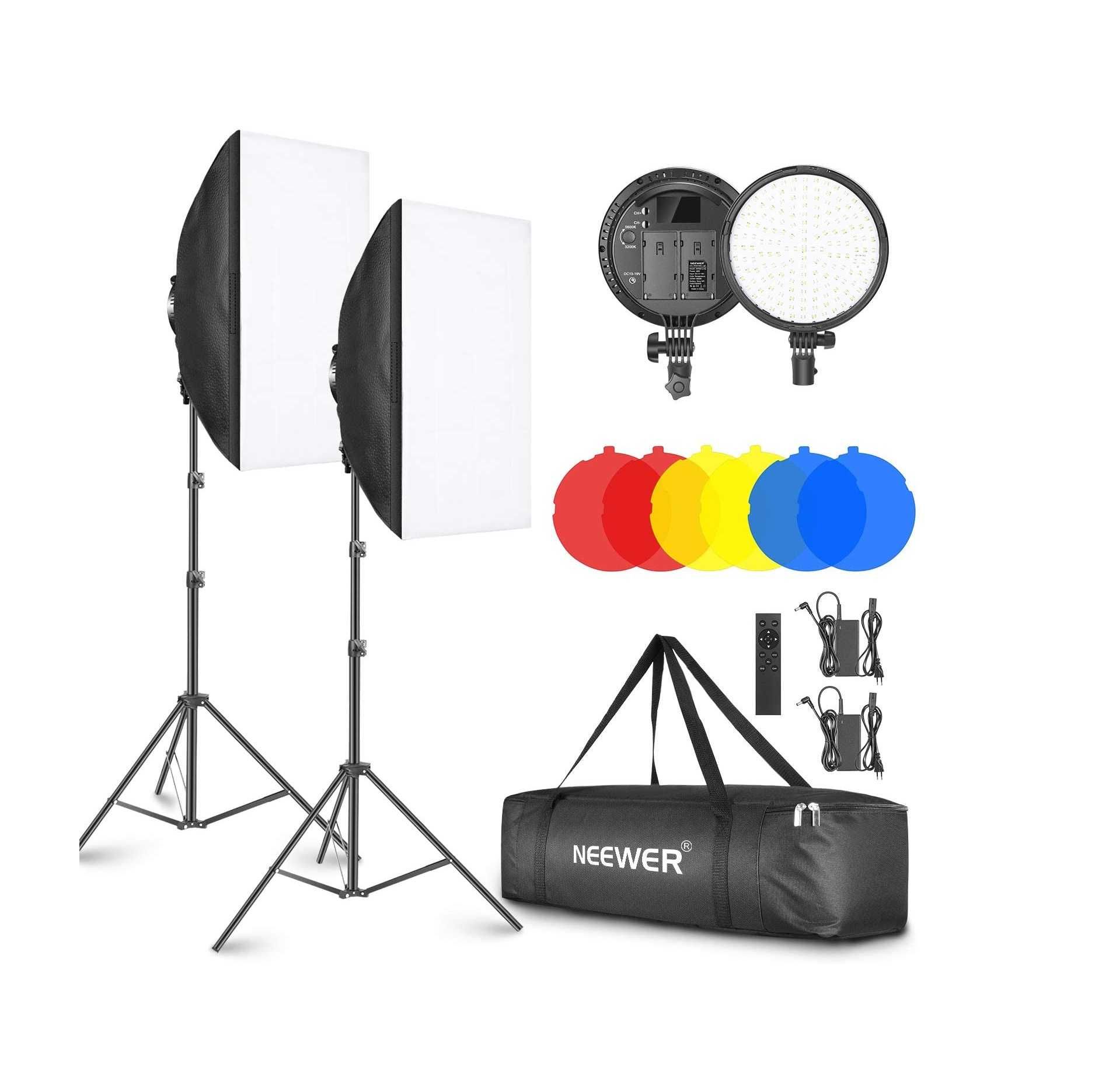 Kit iluminação foto 2 softboxes estúdio LED bicolor com filtro cor