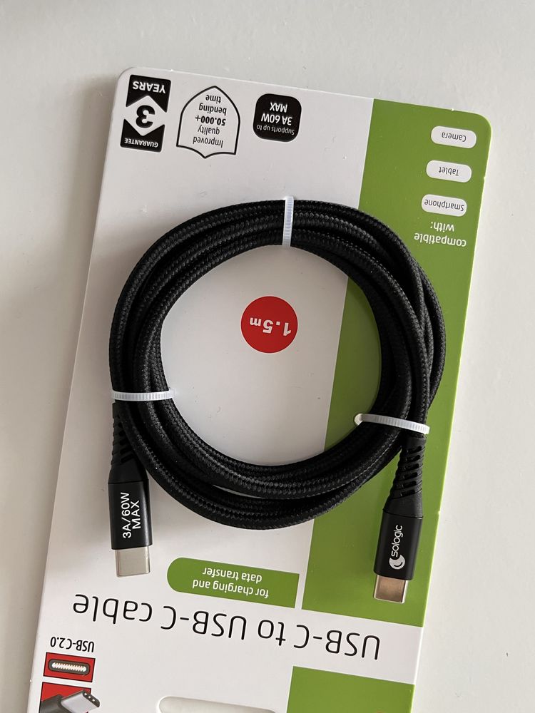 Kabel usb typ c - usb typ c ładowanie/ tran. danych sologic 1,5m Nowy
