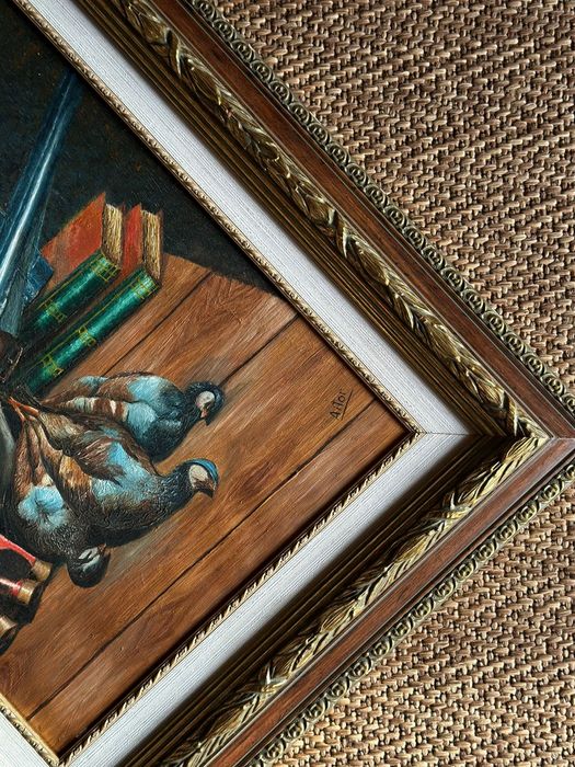 Quadro pintura com motivos de caça a óleo assinada