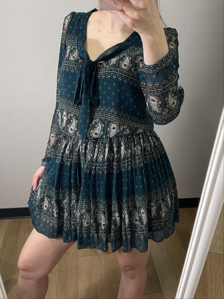 Boho wiązana sukienka na sylwestra święta mini xs plisowana zielona