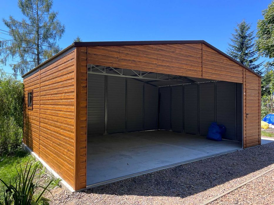 Garaż blaszany premium drewnopodobny 3x5 blachodachówka