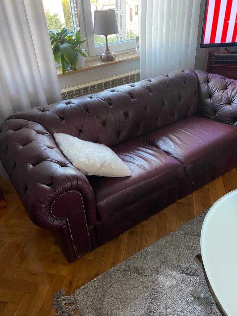 Skórzany komplet wpoczynkowy pikowany 3+2+1 typu chesterfield