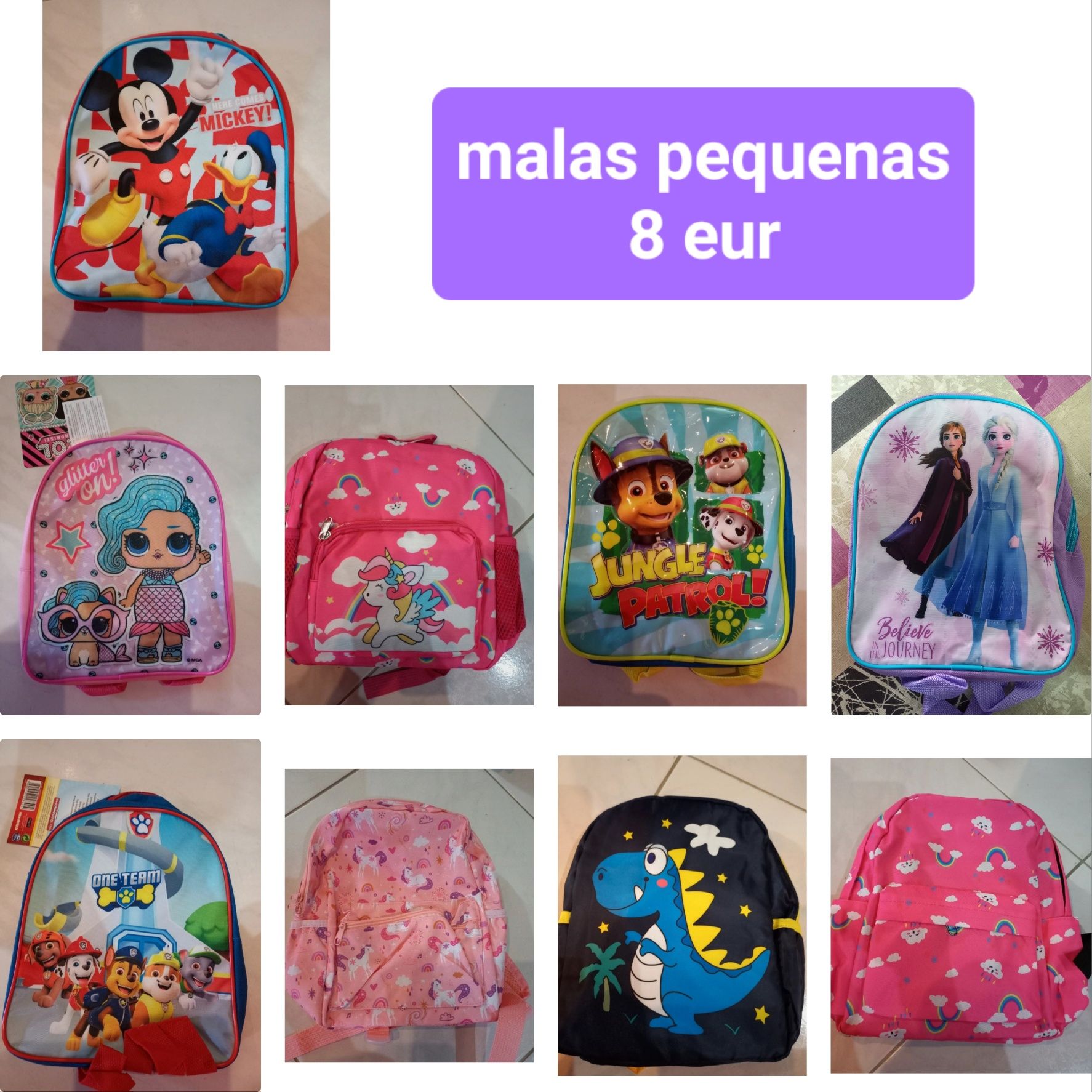 Mochilas e trolleys infantis novos pequenos e médios