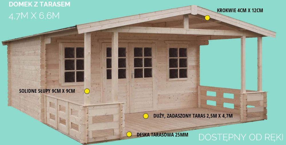 Domek drewniany ogrodowy z tarasem 28 6,64 x 4,74 duży weranda