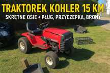 Traktorek Kohler 15 KM – skrętne osie + pług, przyczepka, brony