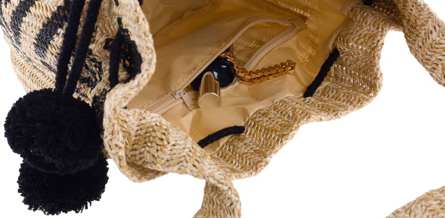 mała, słomiana torebka worek z pomponami, idealna na lato - cavaldi