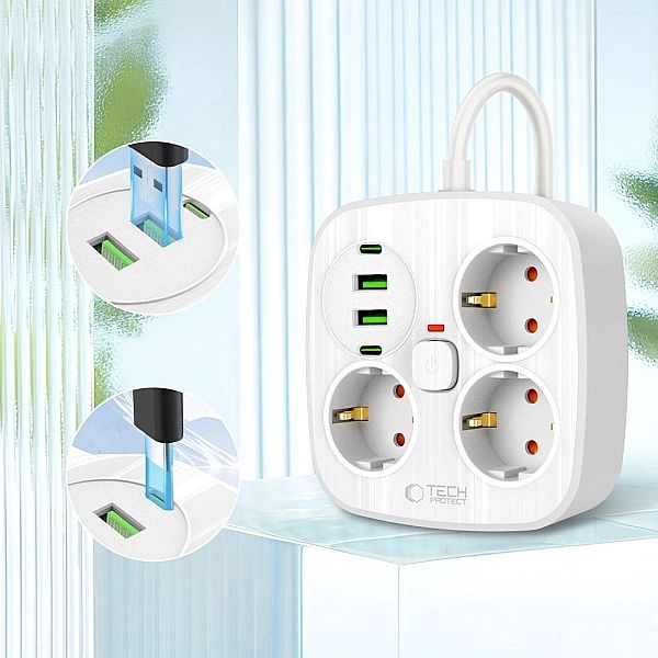 Tech-Protect Pcs3X4 Power Strip 2 Usb & 2 Type-C & 3 Socket 200Cm Whit