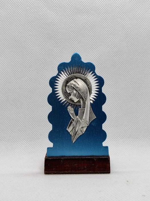 Pequeno expositor religioso metal e madeira Nossa Senhora