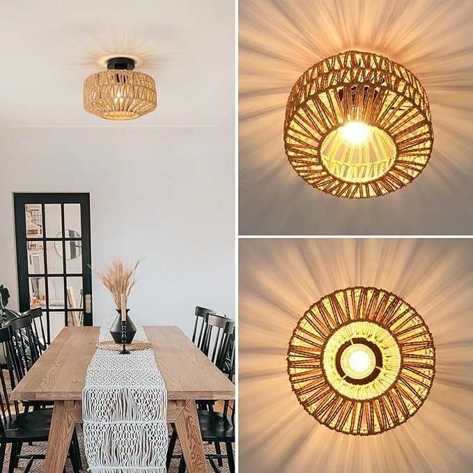 Lampa sufitowa FORCOSO z kloszem ratanowym Ø 25 cm, styl boho