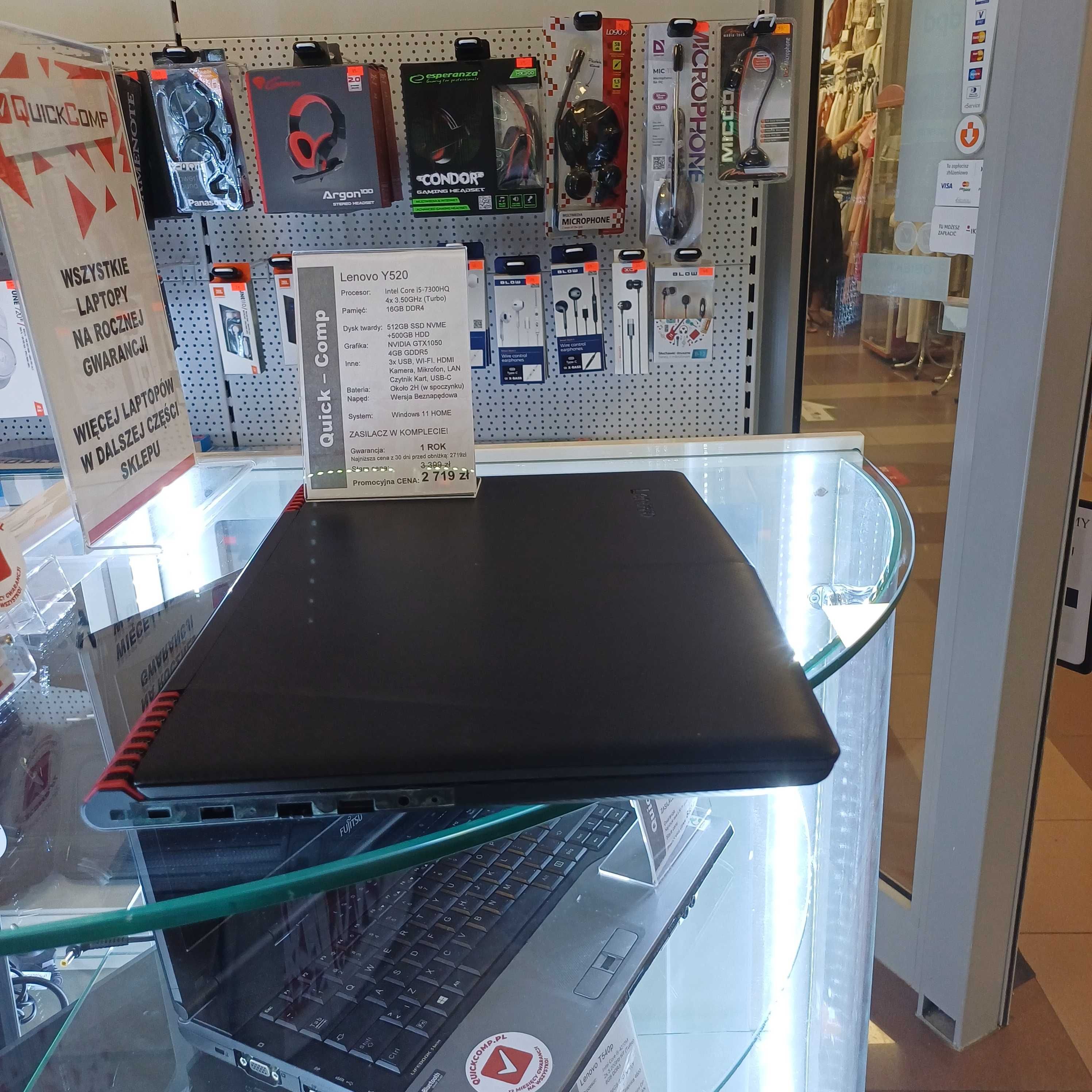 Laptop Lenovo Y520 Gamingowy i5-7300HQ 4x3,50GHz / GTX1050 4GB / WIN11