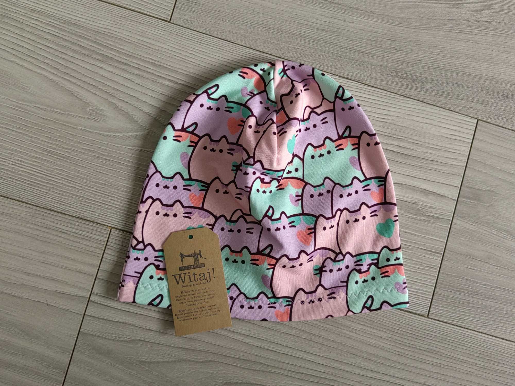 Czapka wiosenna kot Pusheen na obwód ok 52/53 cm wiek ok 5/8 lat