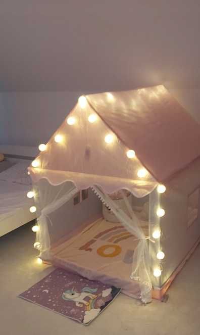 Namiot Domek dla Dzieci Zamek Pałac do Pokoju Ogrodu + Lampki LED Róż