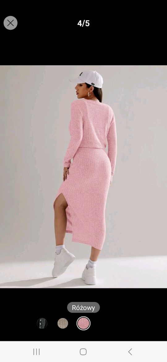 Nowy komplet dzianinowy prążkowany damski różowy spódnica sweter 36 s