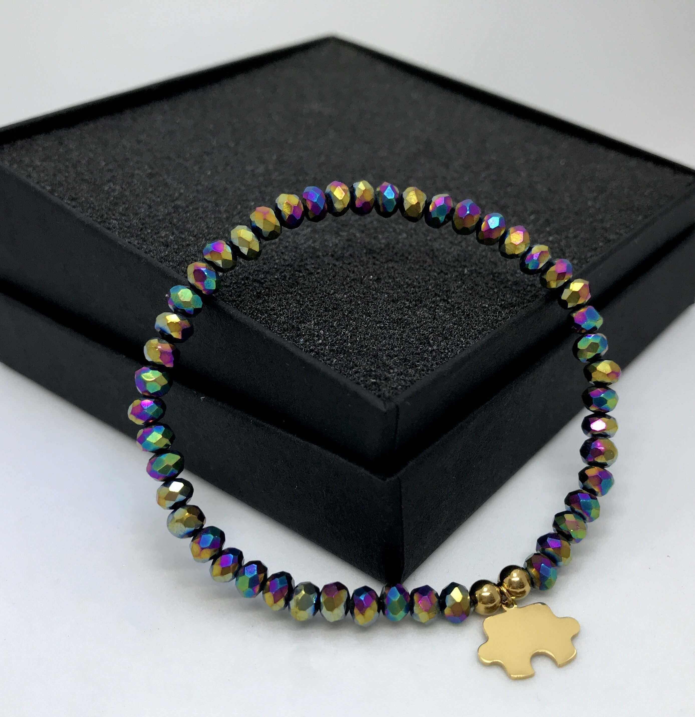 Bransoletka holo puzzel szklane koraliki 17cm stal chirurgiczna