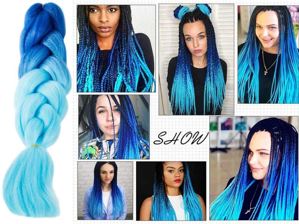 Włosy syntetyczne na warkoczyki ombre kolorowe niebieskie