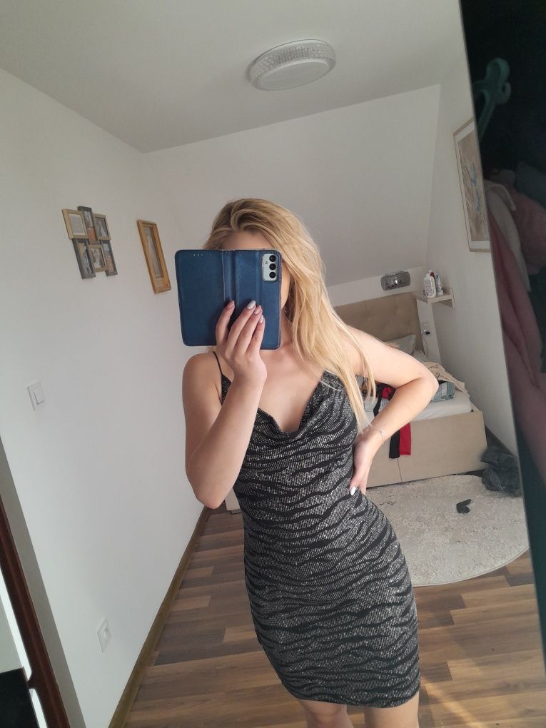Sukienka sylwester cekiny lejacy dekolt zebra s m sexy osiemnastka