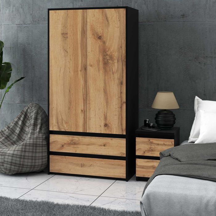 Dwudrzwiowa Szafa Hugo 90cm Nowoczesna Garderoba Sypialnia 2 Szuflady