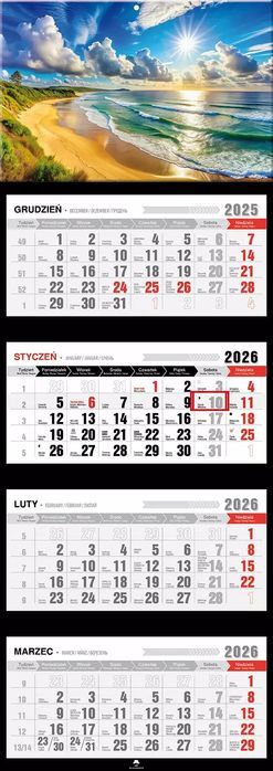 Kalendarz 2026 CZTERODZIELNY 31,5x89cm PLAŻA MORZE. Pan Kalendarzyk
