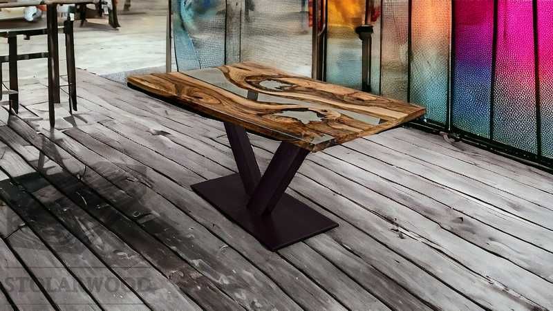 Stół PLATYN żywica drewno metal krzesła do jadalni salonu i ogrodu