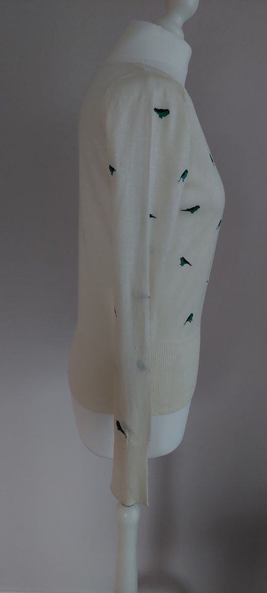 Peacocks r.38 uroczy sweterek rozpinany w ptaki/ptaszki