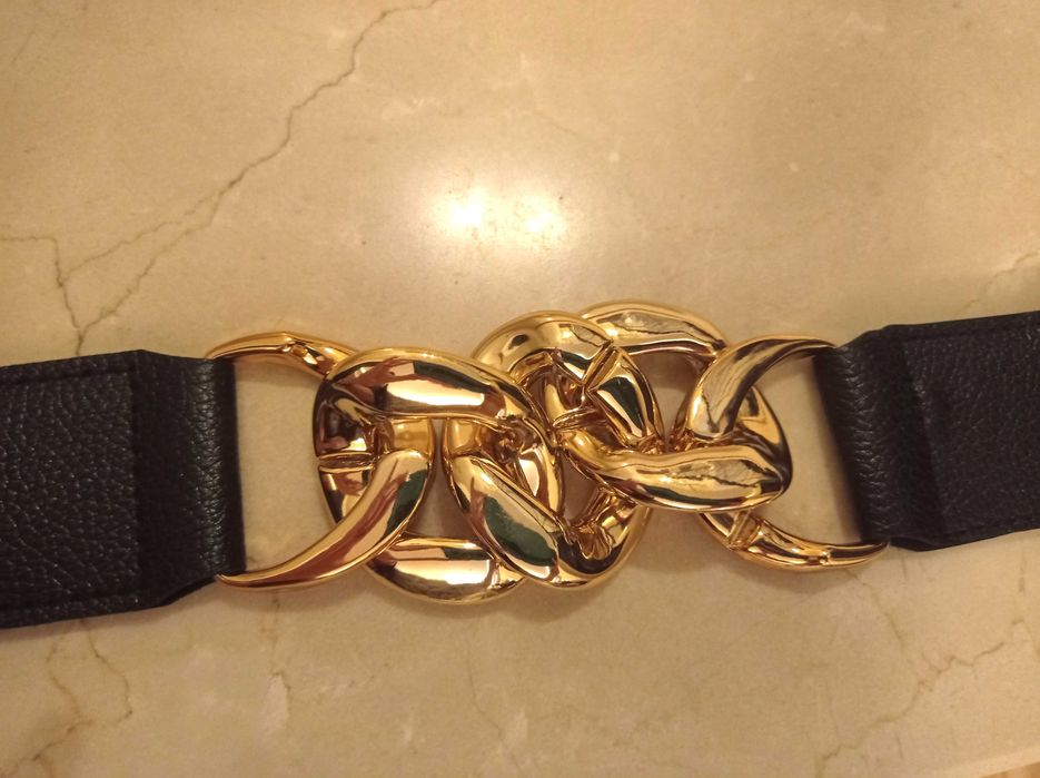 Nowy pasek czarny na gumie klamra złoty łańcuch ozdobny damski